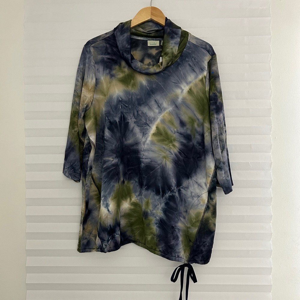 LOGO Lounge Lori Goldstein Tie Dye Cowl Neck Tunic Top Green Blue 1X‎ Pockets